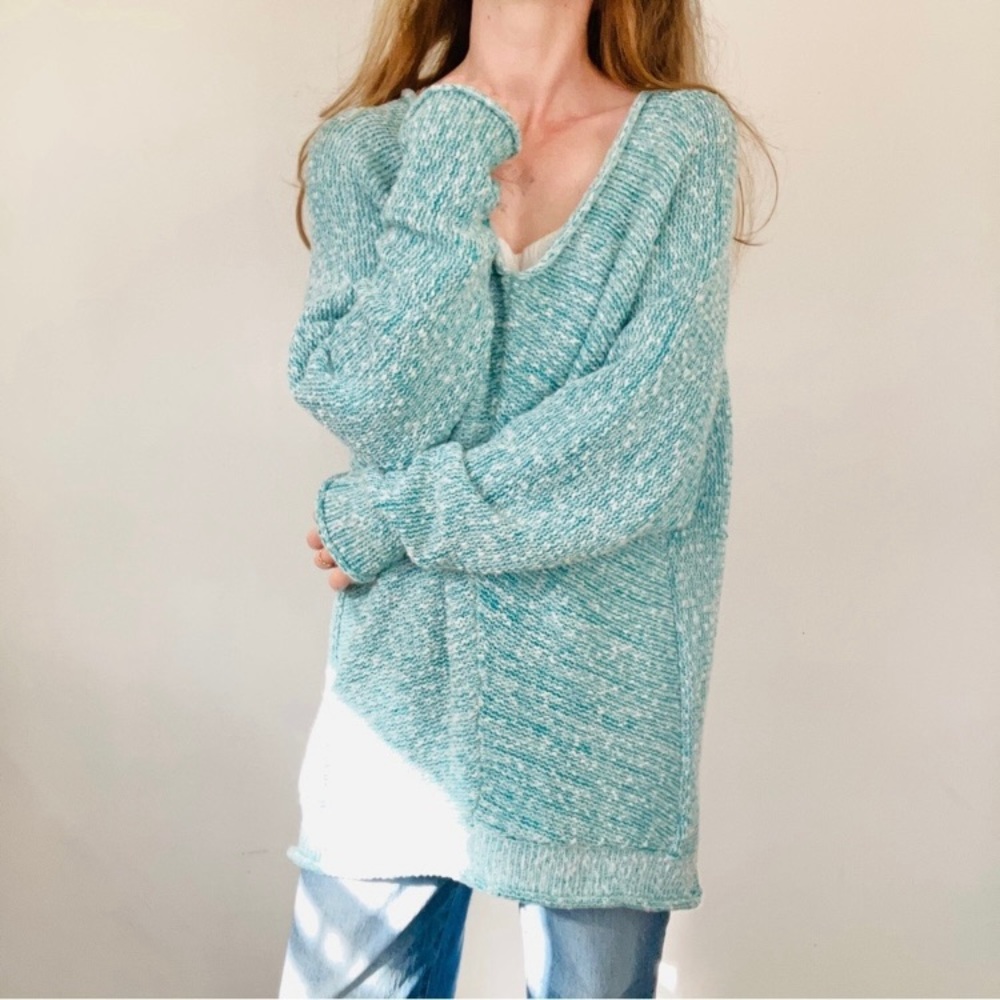 Free People Teal Scoop Neck Slouchy Sweater Dress Blue Turquoise Comfycore - Picture 1 of 13